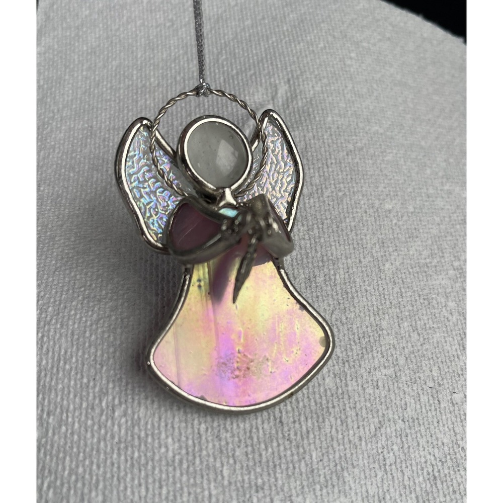 GANZ Charm Pink Stained Glass Angel Ornament  Holding A Flower Charm Sun Catcher